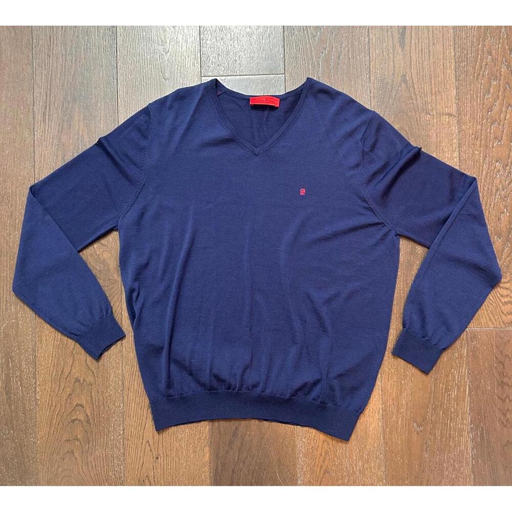 Carolina Herrera Men's Navy Blue V-Neck Merino Wool Sweater XXL